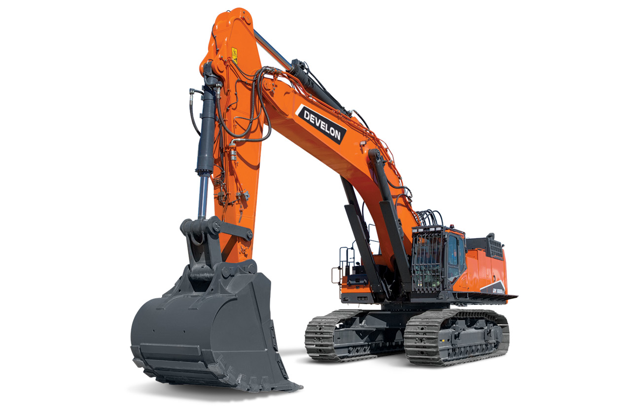 Cut-out background photo of the large DEVELON DX1000LC-7 crawler excavator.