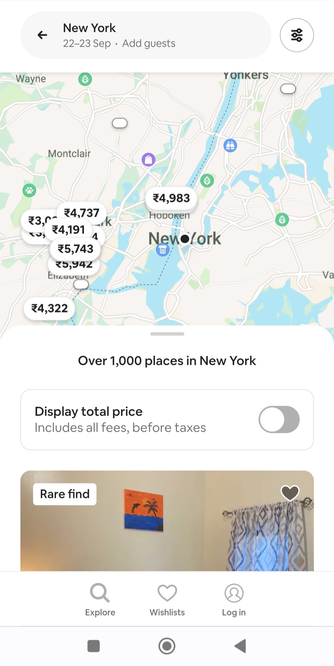 Airbnb page showing listings in a location