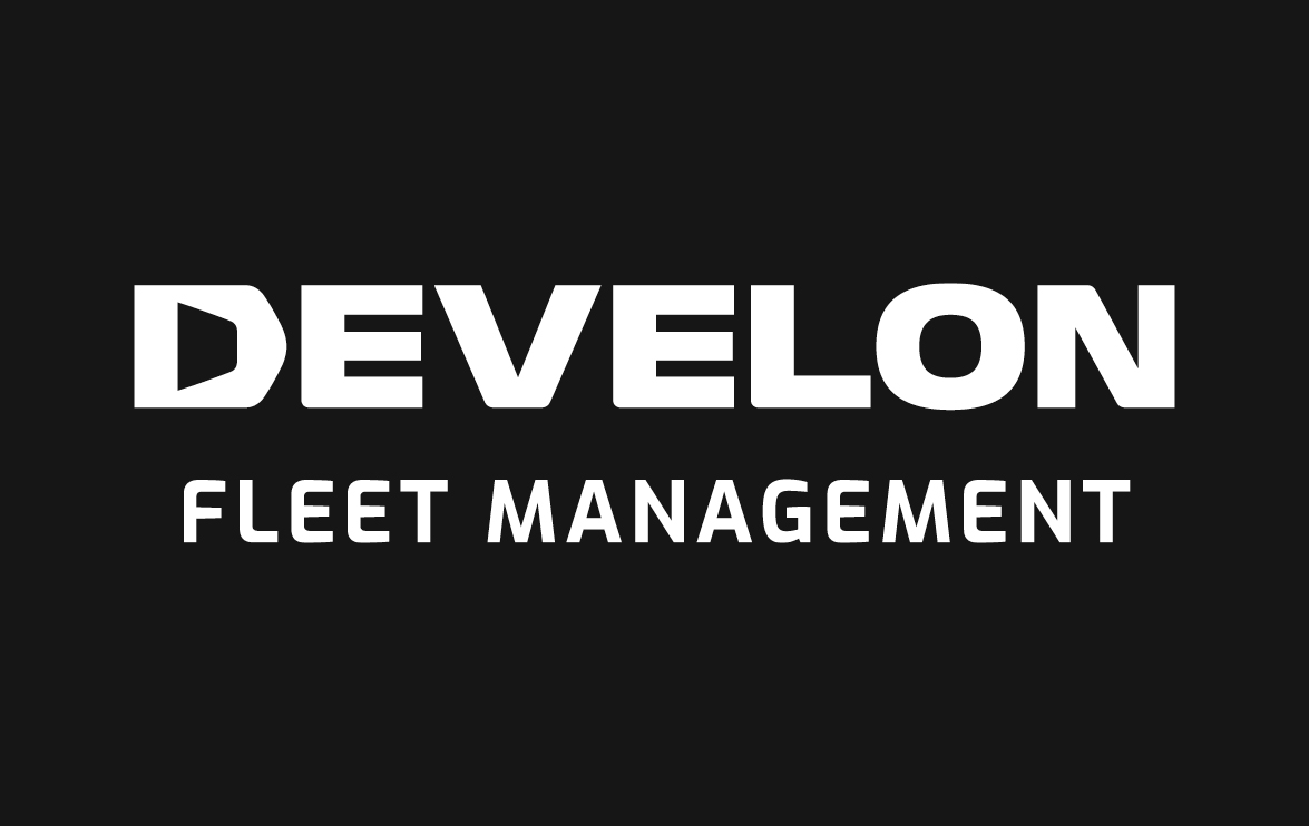 A while DEVELON Fleet Management logo on a black background