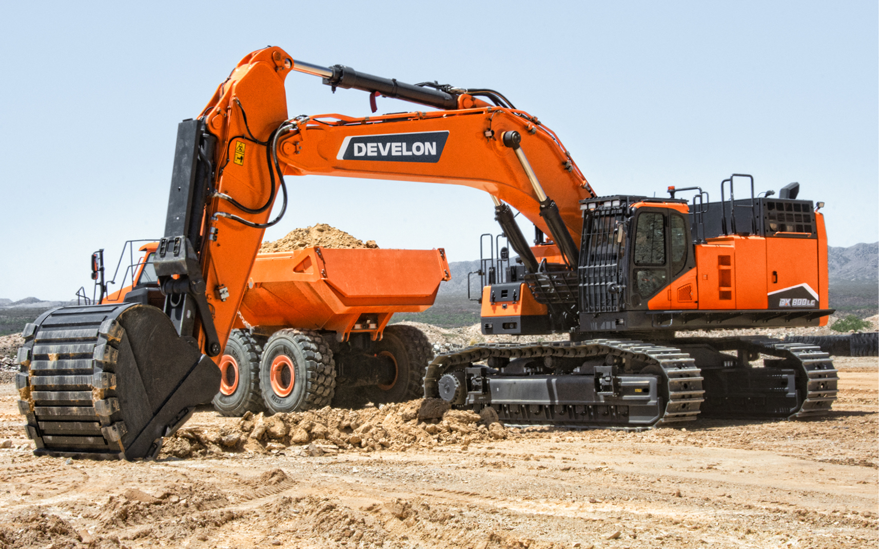 A DX800LC-7 crawler excavator getting ready to scoop with a bucket attachment.