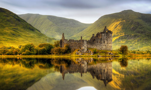 Kilchurn Castle reflections in Loch Awe at sunset, Scotland