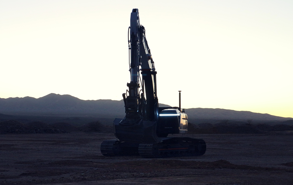 The DEVELON Concept-X2 fully autonomous crawler excavator on a job site.