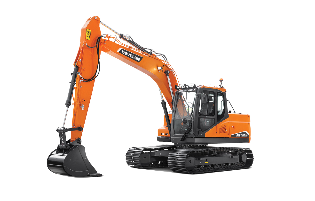 A DX140LC-7K crawler excavator on white background.