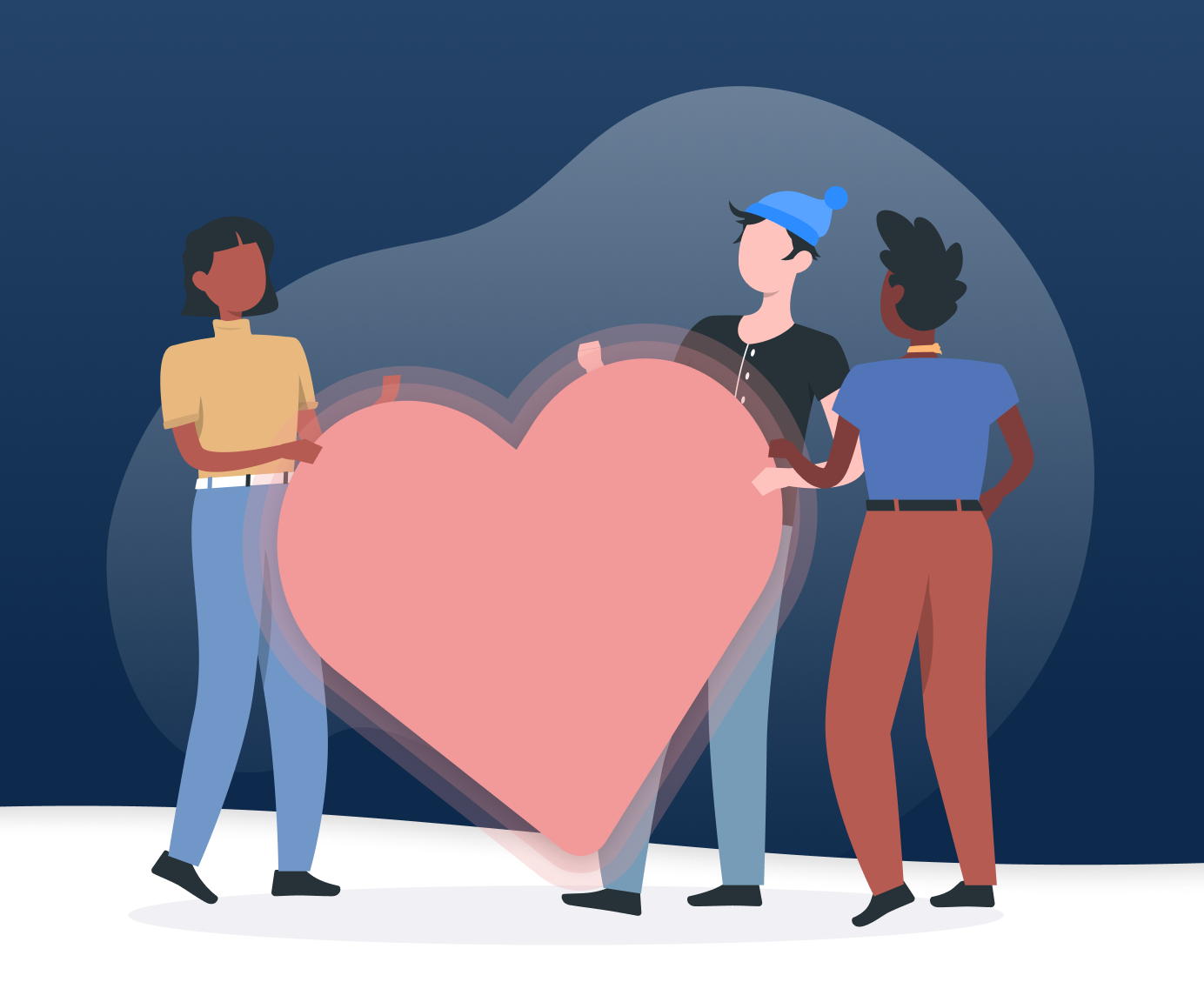 Illustration of three figures holding a heart